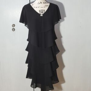 D'Albert| Womens Black Elegant Tiered Ruffle Chiffon Midi Dress Flowy Chic Sz.8